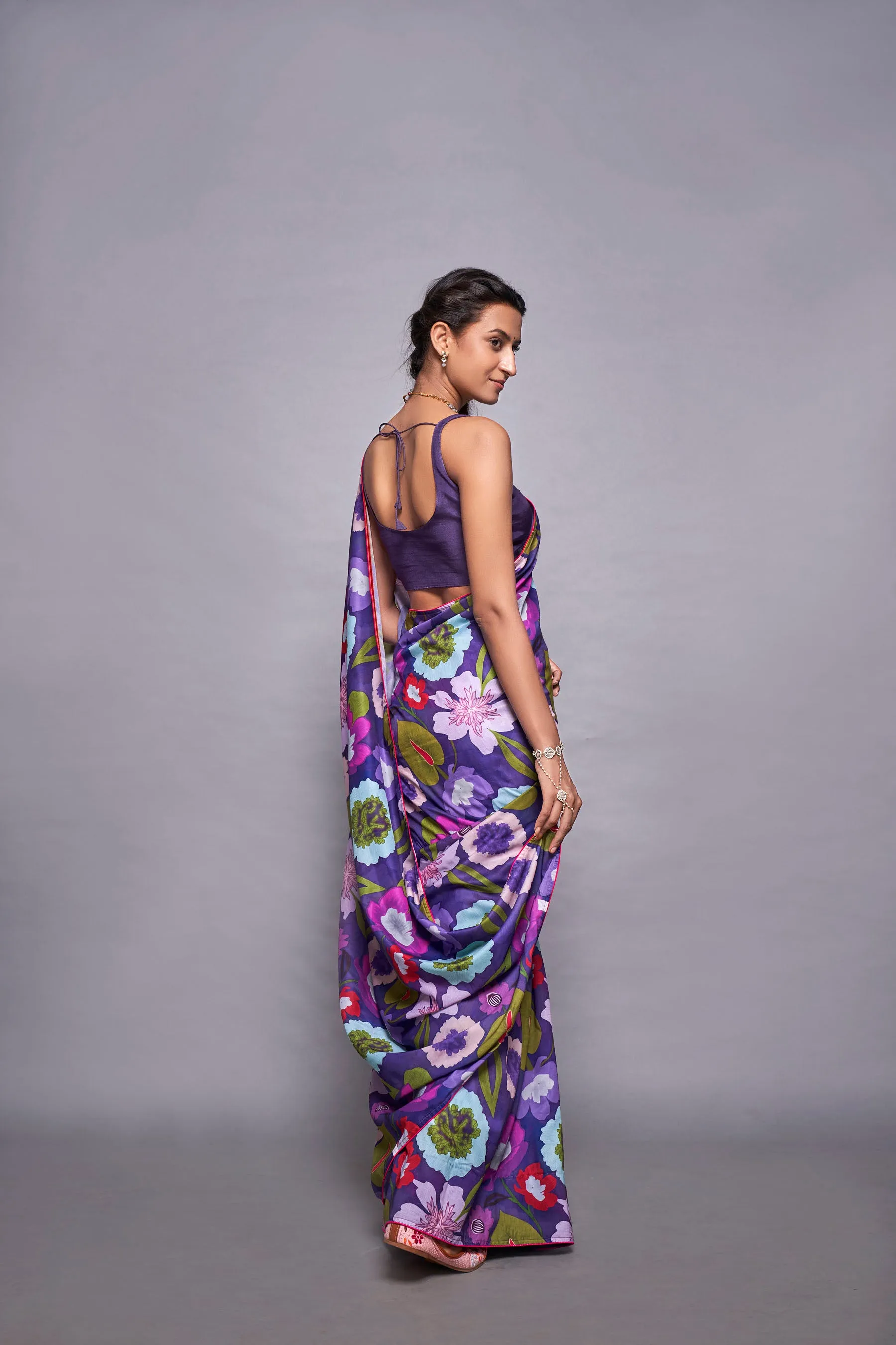 Purple Sapphire Floral Printed Muslin Saree With Co-ord Lace