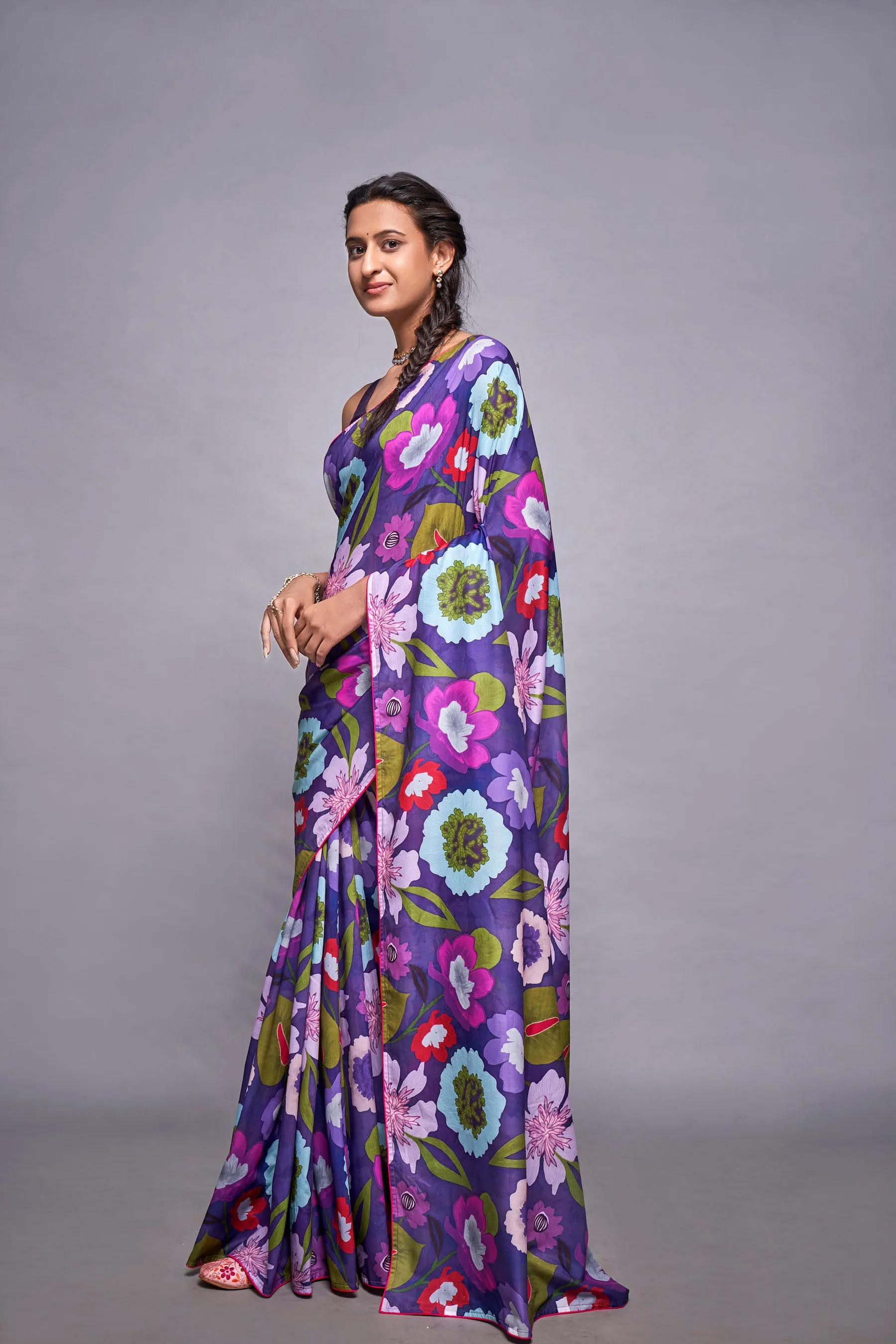 Purple Sapphire Floral Printed Muslin Saree With Co-ord Lace